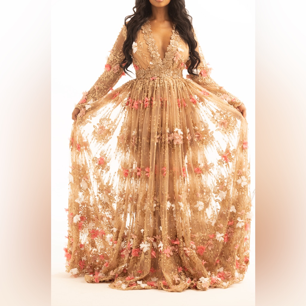 Nichole Lynel The Label Full Bloom Long Sleeve Floral Embellished Gown Nwt Small